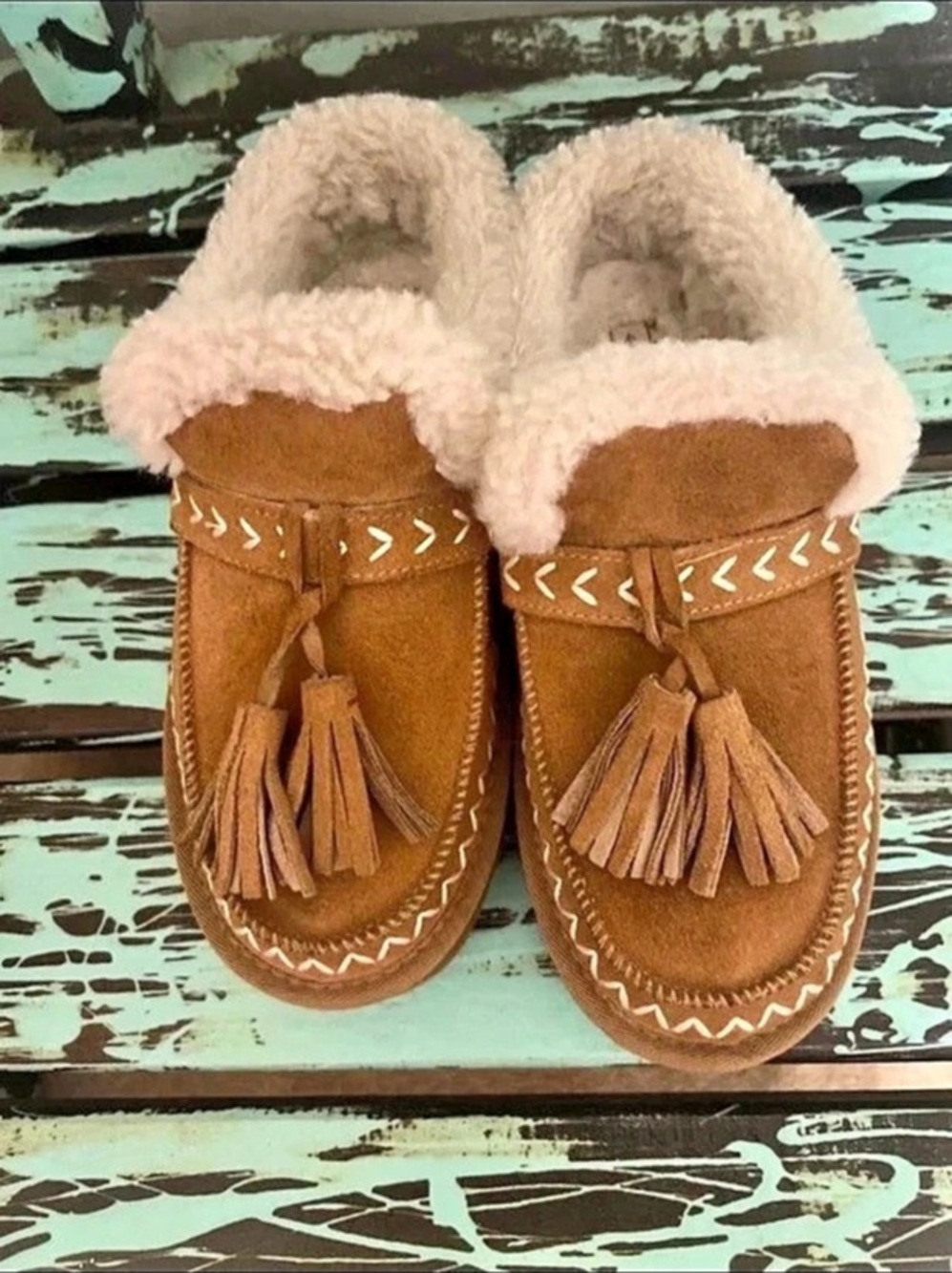 Vintage Havana Brown Faux Fur Lined Moccasin style clog mules